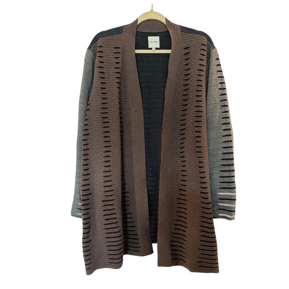 NIC+ZOE 3X Cardigan Sweater Longline Open Front Colorblock Textured Knit